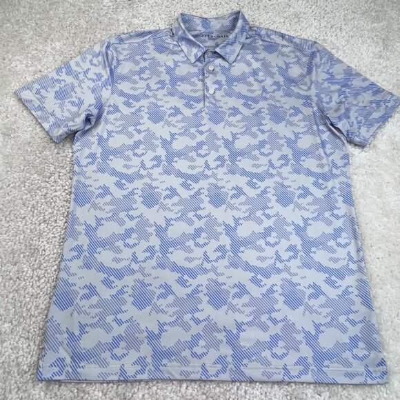 Mizzen Main Polo Shirt Mens Large Blue Camo Print Golf Performance Trim Fit - Picture 1 of 6